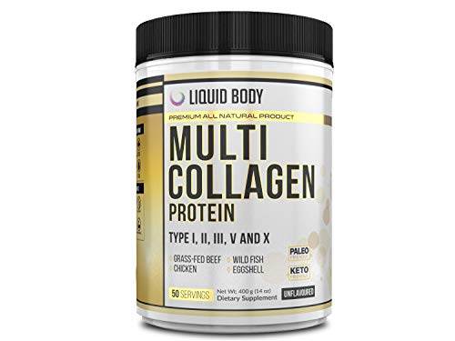 Liquid Body Multi Collagen Protein Powder (400g), 5 Types of Food Sourced Peptides, Hydrolysed Grass Fed Bovine, Wild Caught Fish, Chicken, Eggshell, Supports Joints, Skin and Nails 50 Servings