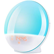 Load image into Gallery viewer, Alarm Clock Wake Up Light- Light Alarm Clock with Sunrise/Sunset Simulation Dual Alarms and Snooze Function, 7 Colors Atmosphere Lamp, 7 Natural Sounds and FM Radio, Ideal for Gift
