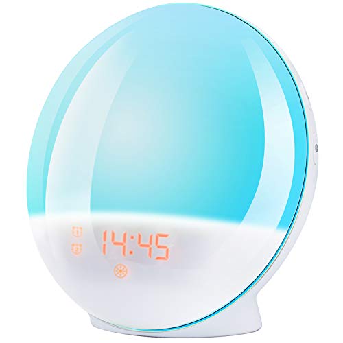 Alarm Clock Wake Up Light- Light Alarm Clock with Sunrise/Sunset Simulation Dual Alarms and Snooze Function, 7 Colors Atmosphere Lamp, 7 Natural Sounds and FM Radio, Ideal for Gift