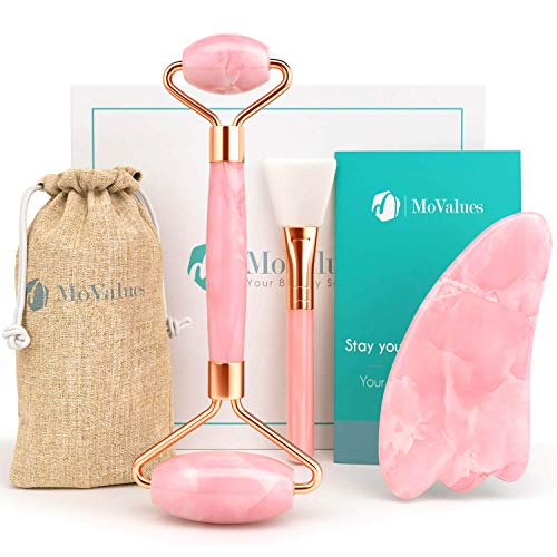 Original Jade Roller and Gua Sha Massage Tool - Jade Face Roller - Face Roller: 100% Natural Rose Quartz - Face Massager, Facial Roller for Skin, Eyes, Neck - Authentic, Durable, Noiseless Design