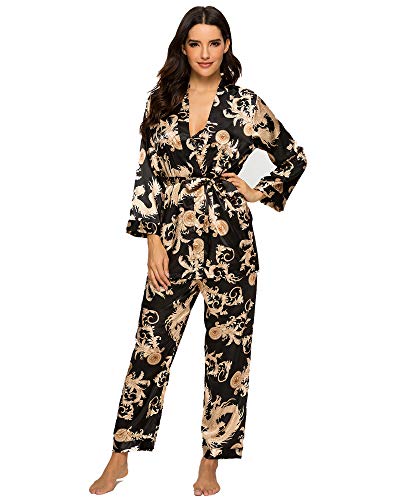 Escalier Women 3PC Silk Satin Lace V-Neck Cami Nightwear Robe & Pants Pajamas Set, Black, L