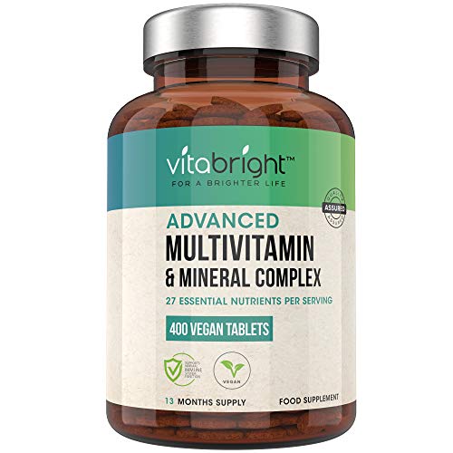 Multivitamins & Minerals - 400 Vegan Multivitamin Tablets - 1+ Year Supply - 27 Essential Active Vitamins & Minerals per Multivitamin Tablets for Men and Women - Made in The UK by VitaBright
