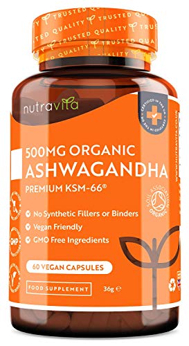 Organic Ashwagandha KSM-66 Capsules - 500mg Vegan Ashwanghanda - 5% Withanolides as Active Ingredient - 100% Natural Supplement from Full Spectrum Ashwagandha Root Powder - Made in The UK by Nutravita