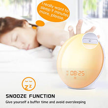 Load image into Gallery viewer, Alarm Clock Wake Up Light- Light Alarm Clock with Sunrise/Sunset Simulation Dual Alarms and Snooze Function, 7 Colors Atmosphere Lamp, 7 Natural Sounds and FM Radio, Ideal for Gift
