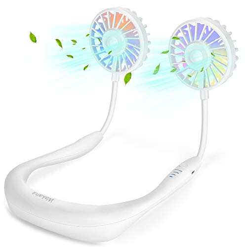 Wakana Portable Fan, Handsfree Mini USB Neck Fan Rechargeable Wearable Neckband Fan Portable Fan with Dual Wind Head | 3 Speeds | LED Light for Traveling Sport Outdoor Camping Office -White