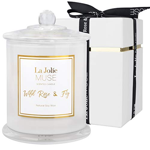 LA JOLIE MUSE Wild Rose & Fig Scented Candle, Natural Soy Candle for Home, 50-65 Hours Long Burning, White Glass Jar, Home Gift, 9.9Oz/280g