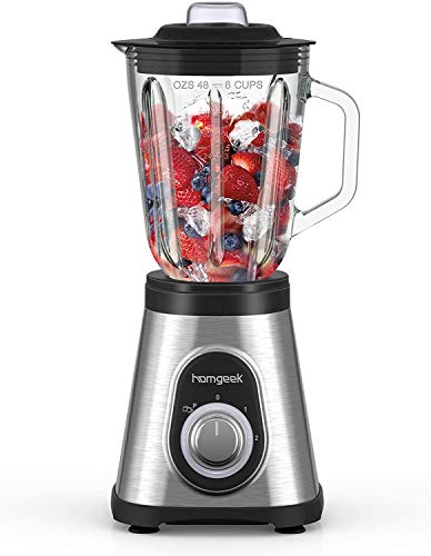 homgeek Blender Smoothie Maker, 700W Glass Blender Mixer with 1.5L Glass Jug, 6 Sharp Stainless Steel Blades for Smoothie, Milk Shake, Frozen Fruit and Ice Crush, 3 Adjustable Speeds, Silver and Black