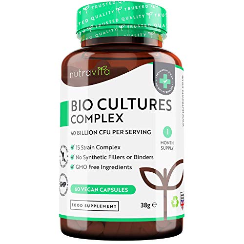 Bio Cultures Complex - 40 Billion CFU Vegan Capsules with 15 Bacteria Strains per Serving - Max Strength & Potency Capsules - Made in The UK by Nutravita