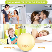 Load image into Gallery viewer, Alarm Clock Wake Up Light- Light Alarm Clock with Sunrise/Sunset Simulation Dual Alarms and Snooze Function, 7 Colors Atmosphere Lamp, 7 Natural Sounds and FM Radio, Ideal for Gift
