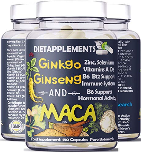 Maca Root 4000mg, Ginkgo Biloba, Korean Red (Panax) Ginseng - 4256mg 180 Vegan Capsules - Zinc, Vitamins D3, E, B5, B6, B12, A, K, Folic Acid, Selenium for Immune System Hormonal Activity. 1 Bottle.