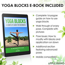Load image into Gallery viewer, APPLE RHINO 2nr Yoga Blocks and Strap Set - Includes FREE e-Book; 2 pack high density perfect size yoga blocks with metal D ring cotton belt; provides Stability, Balance, Strength for yoga practice
