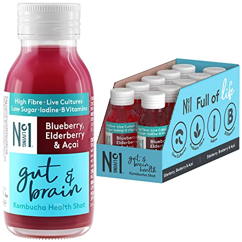 No.1 Living Kombucha Drink Health Shots - Blueberry, Elderberry & Acai - 10 x 60ml Bottles - High Fibre, Live Cultures, Low Sugar, Vegan - Supporting Gut & Brain Health