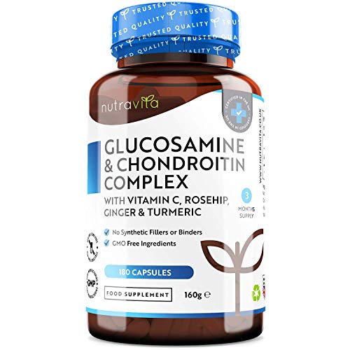Glucosamine and Chondroitin Complex – 180 High Strength Capsules – Contributes to The Maintenance of Normal Immune System – with Vitamin C, Turmeric, Ginger and Rosehip – Made in The UK by Nutravita