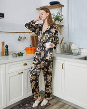 Load image into Gallery viewer, Escalier Women 3PC Silk Satin Lace V-Neck Cami Nightwear Robe &amp; Pants Pajamas Set, Black, L
