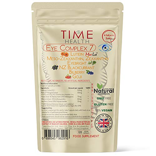 Eye Complex 7: Lutein, Meso-Zeaxanthin, Zeaxanthin, NZ Blackcurrant, Bilberry, Goji & Eyebright – 4 Month Supply – UK Manufactured (120 Capsule Pouch)