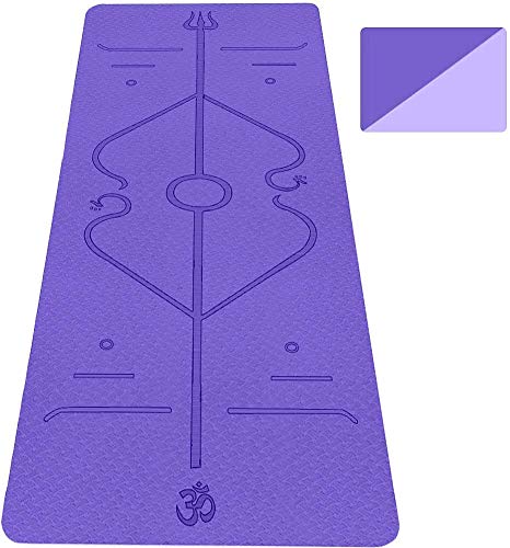 Aoweika Yoga Mat with Body Alignment System, Non Slip Thick Pilates Mat, TPE Fitness Mat, Home Workout Mat with Strap and Mesh Bag, Perfect for Yoga, Pilates and Gymnastics(183 x 61 x 0.6cm)