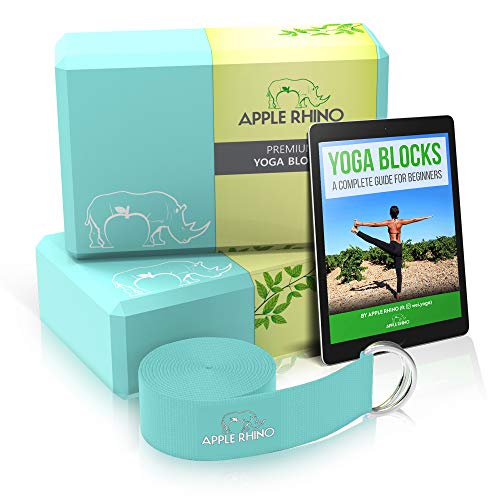 APPLE RHINO 2nr Yoga Blocks and Strap Set - Includes FREE e-Book; 2 pack high density perfect size yoga blocks with metal D ring cotton belt; provides Stability, Balance, Strength for yoga practice