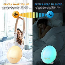 Load image into Gallery viewer, Alarm Clock Wake Up Light- Light Alarm Clock with Sunrise/Sunset Simulation Dual Alarms and Snooze Function, 7 Colors Atmosphere Lamp, 7 Natural Sounds and FM Radio, Ideal for Gift
