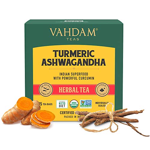 VAHDAM, Organic Turmeric + Ashwagandha SUPERFOOD Herbal Tea, (30 Tea Bags) | USDA Certified India's Ancient Medicine Blend of Turmeric & Garden Fresh Spices | Herbal Detox Tea Bags for Immune Support