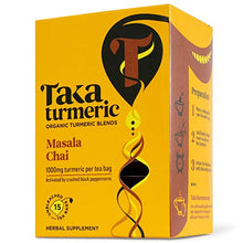 Load image into Gallery viewer, Taka Turmeric Tea, Organic Masala Chai, Individually Wrapped Turmeric Chai Tea Bags, High Dose of Turmeric, Certified Organic by Soil Association (1 x Carton (15 Tea Bags))
