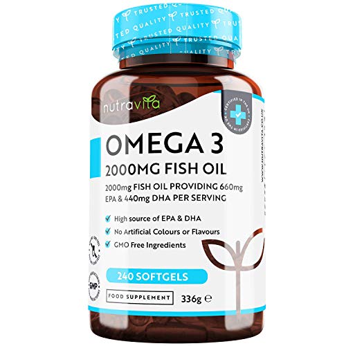 Omega 3 Pure Fish Oil 2000mg – 660mg EPA & 440mg DHA per Daily Serving – 240 Softgel Capsules – 4 Months Supply – for Maintenance of Normal Heart and Brain Function – Made in The UK by Nutravita