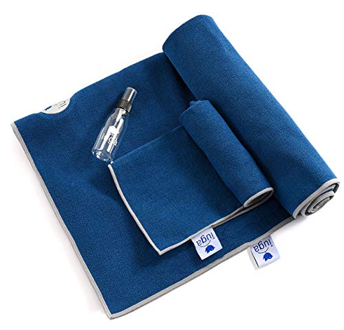 IUGA Yoga Towel Extra Thick Hot Yoga Towel + Hand Towel 2 in 1 Set, Corner Pockets Design to Prevent Bunching, 100% Microfiber -Non Slip, Super Absorbent and Quick Dry, (UK-Blue)