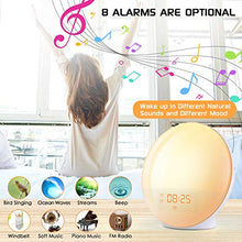 Load image into Gallery viewer, Alarm Clock Wake Up Light- Light Alarm Clock with Sunrise/Sunset Simulation Dual Alarms and Snooze Function, 7 Colors Atmosphere Lamp, 7 Natural Sounds and FM Radio, Ideal for Gift
